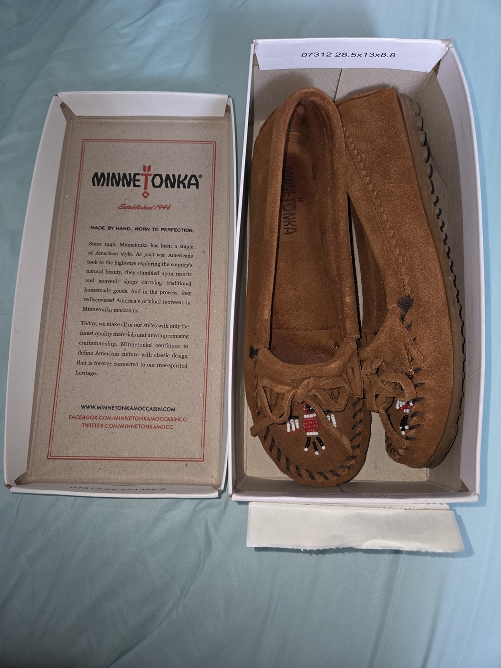 Minnetonka SUEDE Brown Leather Moccasins THUNDERBIRD II BEAD Women's 8.5 Brown